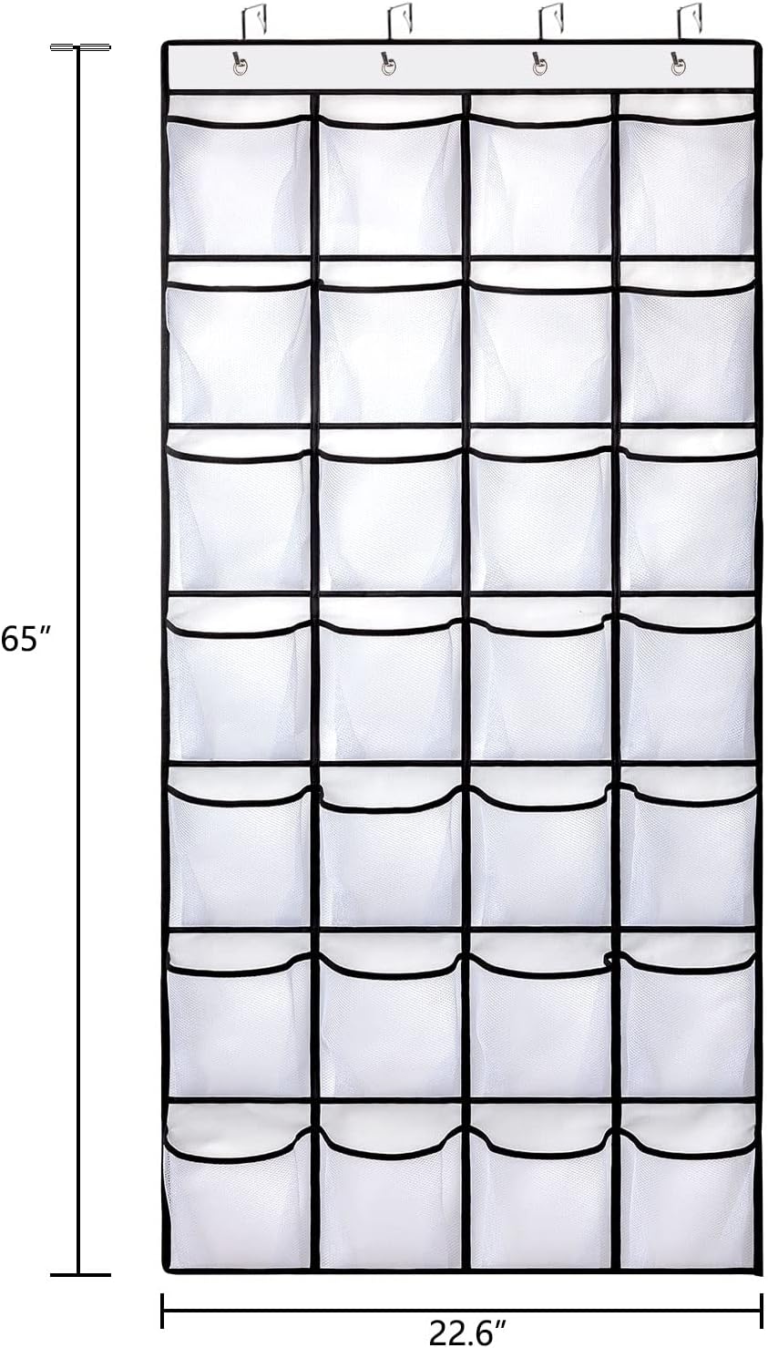 White 24-pocket mesh over-door organizer with black metal frame and 4 hooks empty on white background