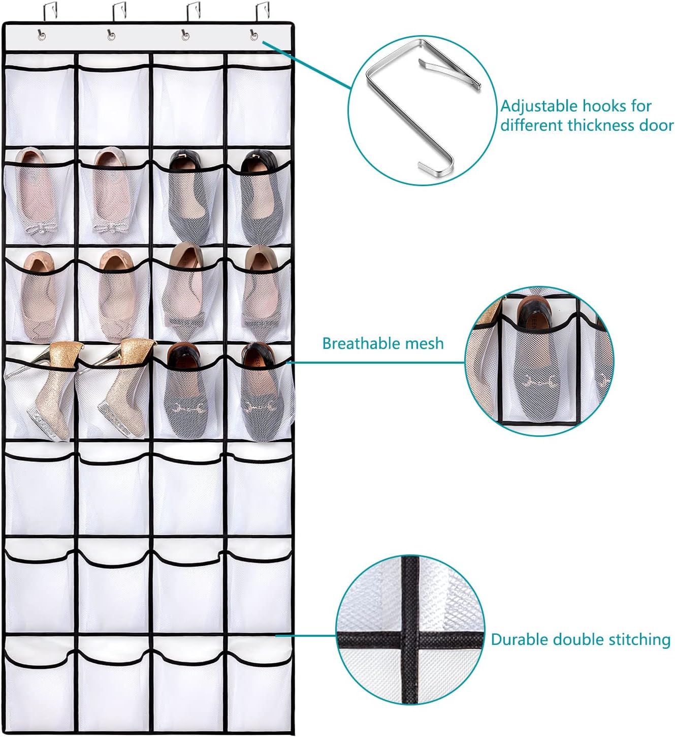 24-pocket over-door organizer with shoes and feature callouts for hooks breathable mesh and double stitching