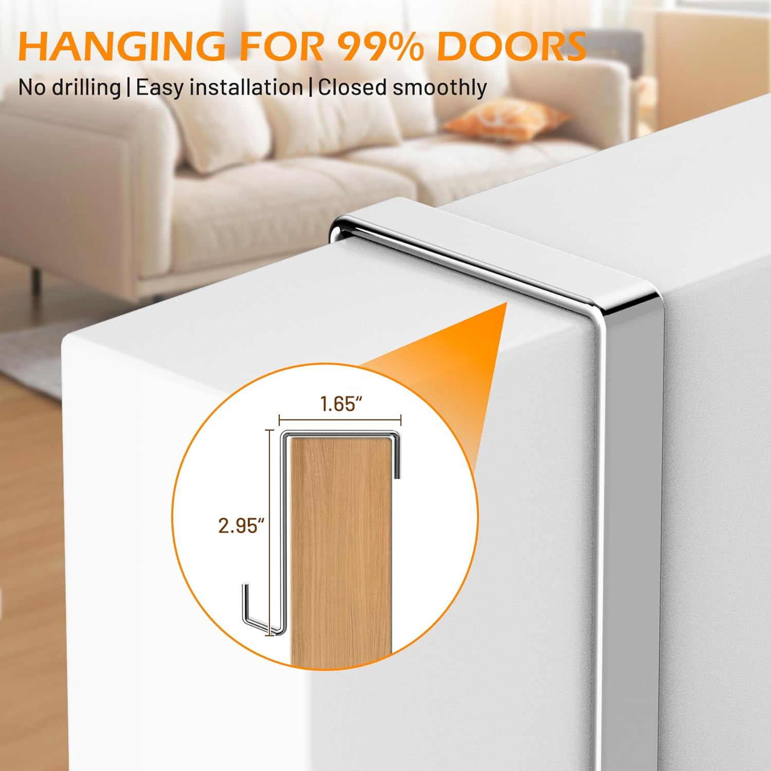 Chrome J-hook detail showing 1.65 by 2.95 inch dimensions for standard door fit hanging for 99 percent of doors text