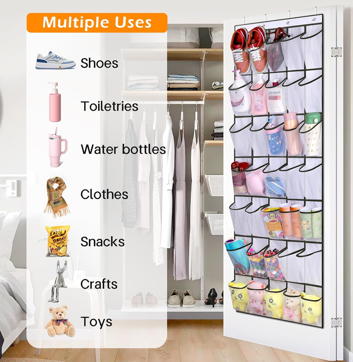 24-pocket over-door organizer on wardrobe door loaded with shoes bottles and toiletries multiple uses list on left