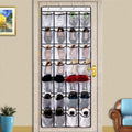 24-pocket over-door mesh shoe organizer on living room door loaded with shoes flats and sneakers