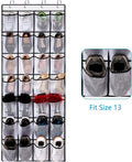24-pocket over-door mesh organizer loaded with flat shoes heels and fashion shoes with size 13 boot fit inset