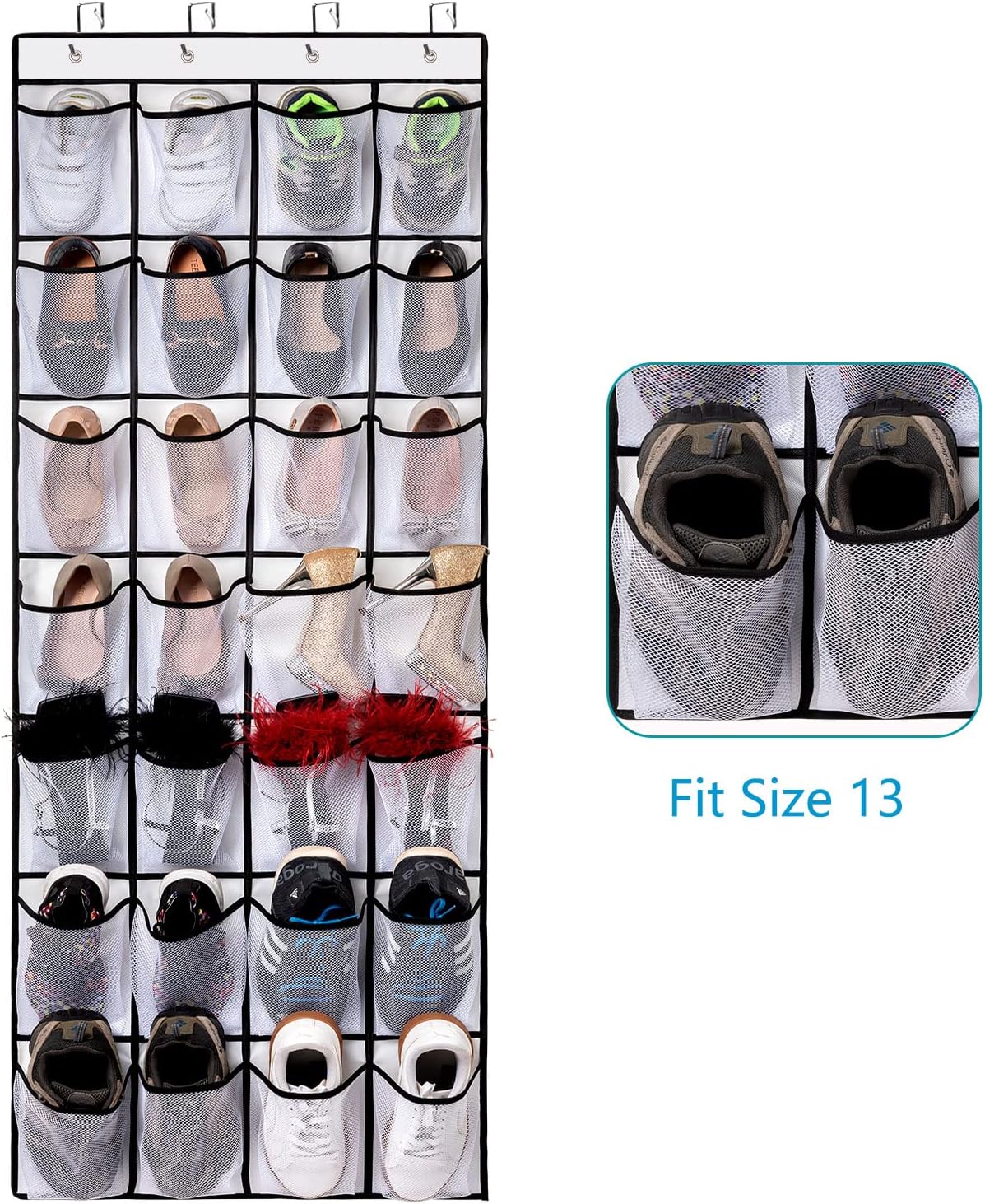 24-pocket over-door mesh organizer loaded with flat shoes heels and fashion shoes with size 13 boot fit inset
