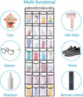 24-pocket over-door organizer loaded with toiletries and cosmetics with multi-functional uses list for toys glasses shoes