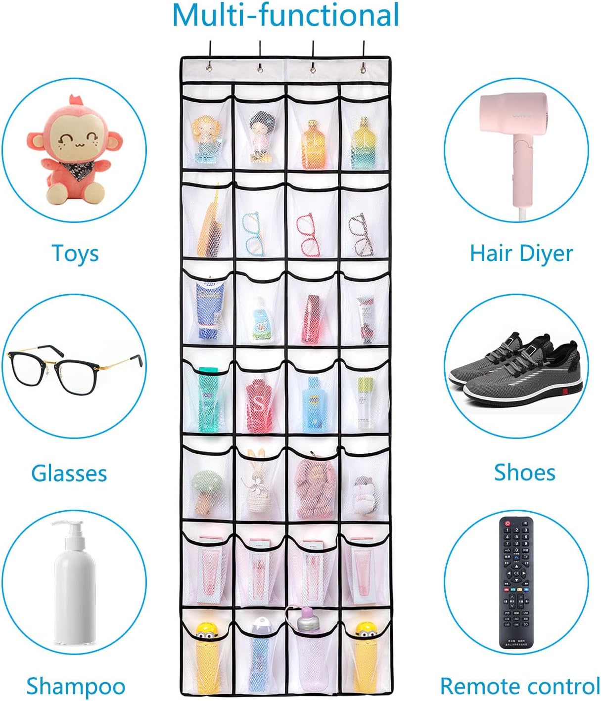 24-pocket over-door organizer loaded with toiletries and cosmetics with multi-functional uses list for toys glasses shoes