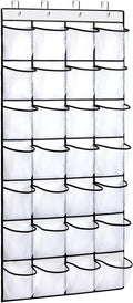 White 24-pocket mesh over-door organizer with black metal frame and 4 hooks empty on white background
