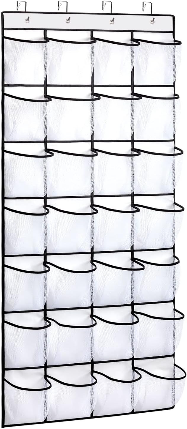 White 24-pocket mesh over-door organizer with black metal frame and 4 hooks empty on white background