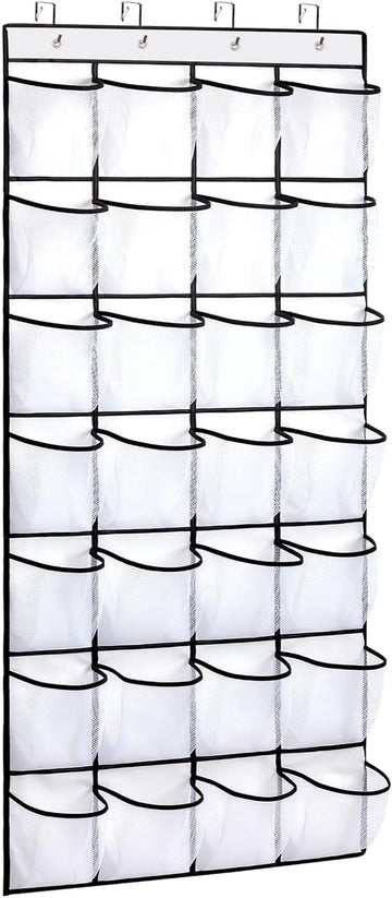 White 24-pocket mesh over-door organizer with black metal frame and 4 hooks empty on white background
