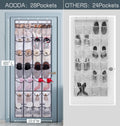 Comparison infographic showing AOODA 28-pocket organizer 65 by 22.6 inches versus competitor 24-pocket on grey door