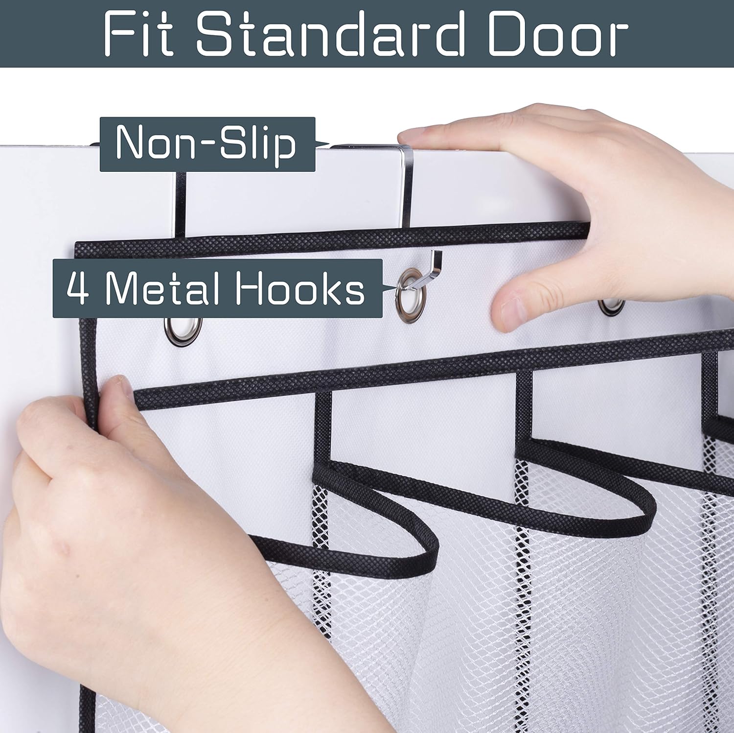 Close-up of hands installing 4 metal over-door hooks on mesh organizer non-slip and standard door fit labels