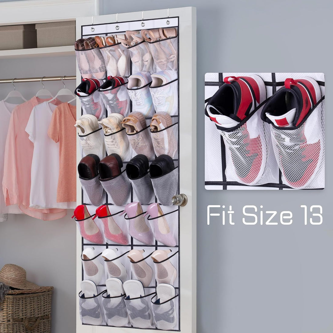 White 28-pocket over-door mesh shoe organizer with black metal frame and 4 hooks empty on white background