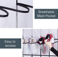 Close-up of breathable mesh pocket fabric and hand retrieving red sneaker from over-door organizer with easy access text