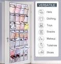 28-pocket over-door organizer on door loaded with stuffed animals and kids items with versatile uses list