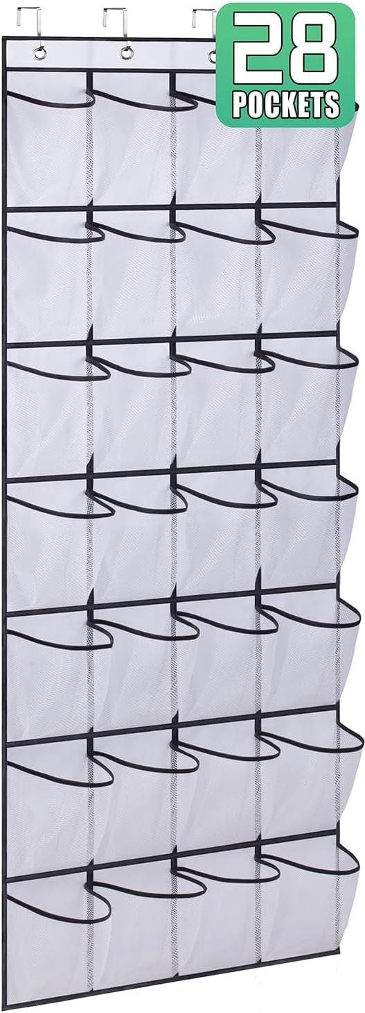 White 28-pocket over-door mesh shoe organizer with black metal frame and 4 hooks empty on white background