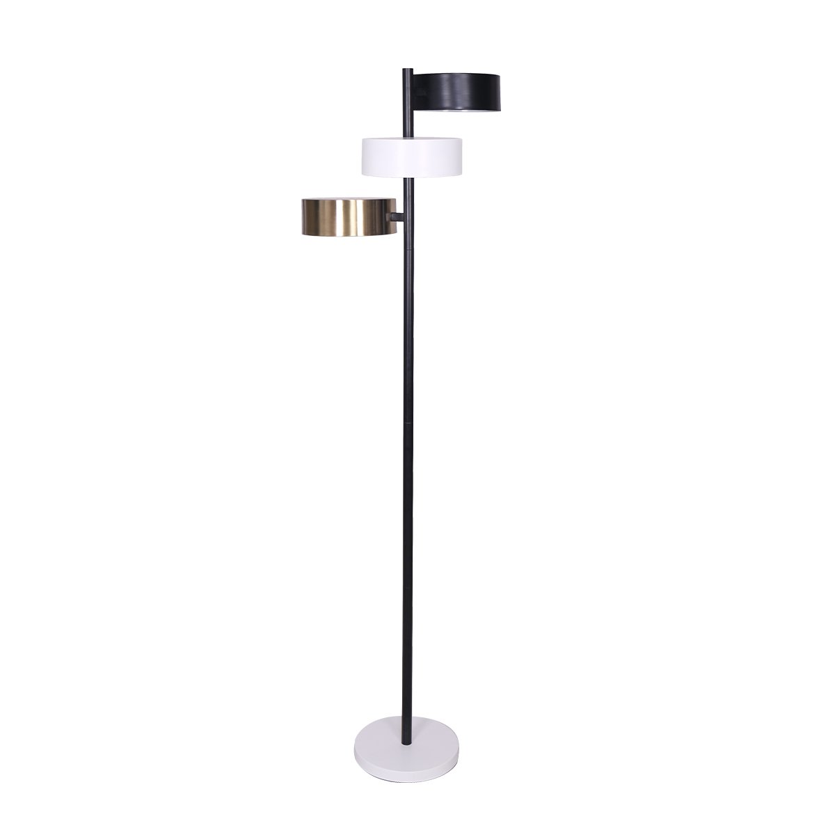 Three-arm floor lamp with black, white, and brass drum shades on black pole with white round base, white background
