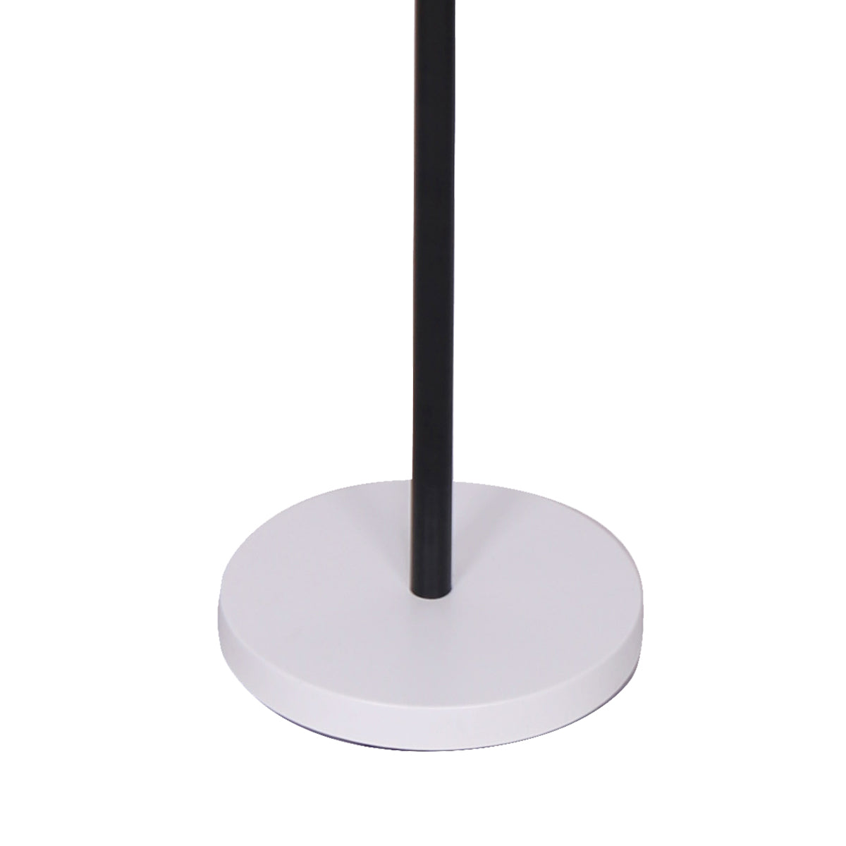 Close-up of white round base with black pole, white background