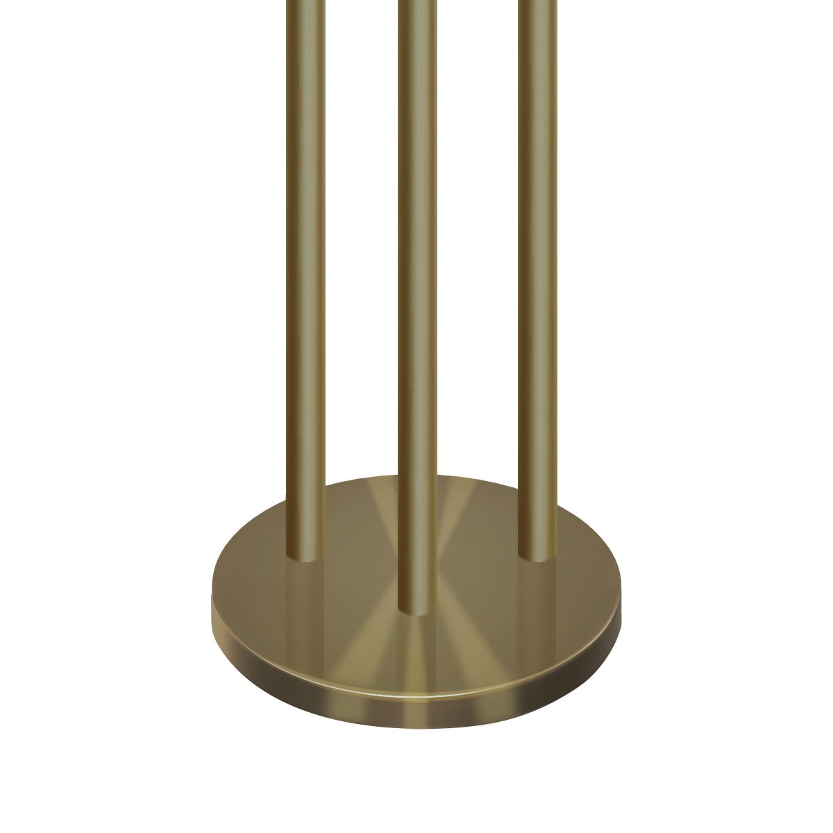 Close-up of brushed gold round base of three-arm floor lamp with three brass poles rising from it on white background