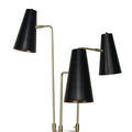 Close-up of three staggered black conical lamp shades with copper interiors on gold brass arms, white background