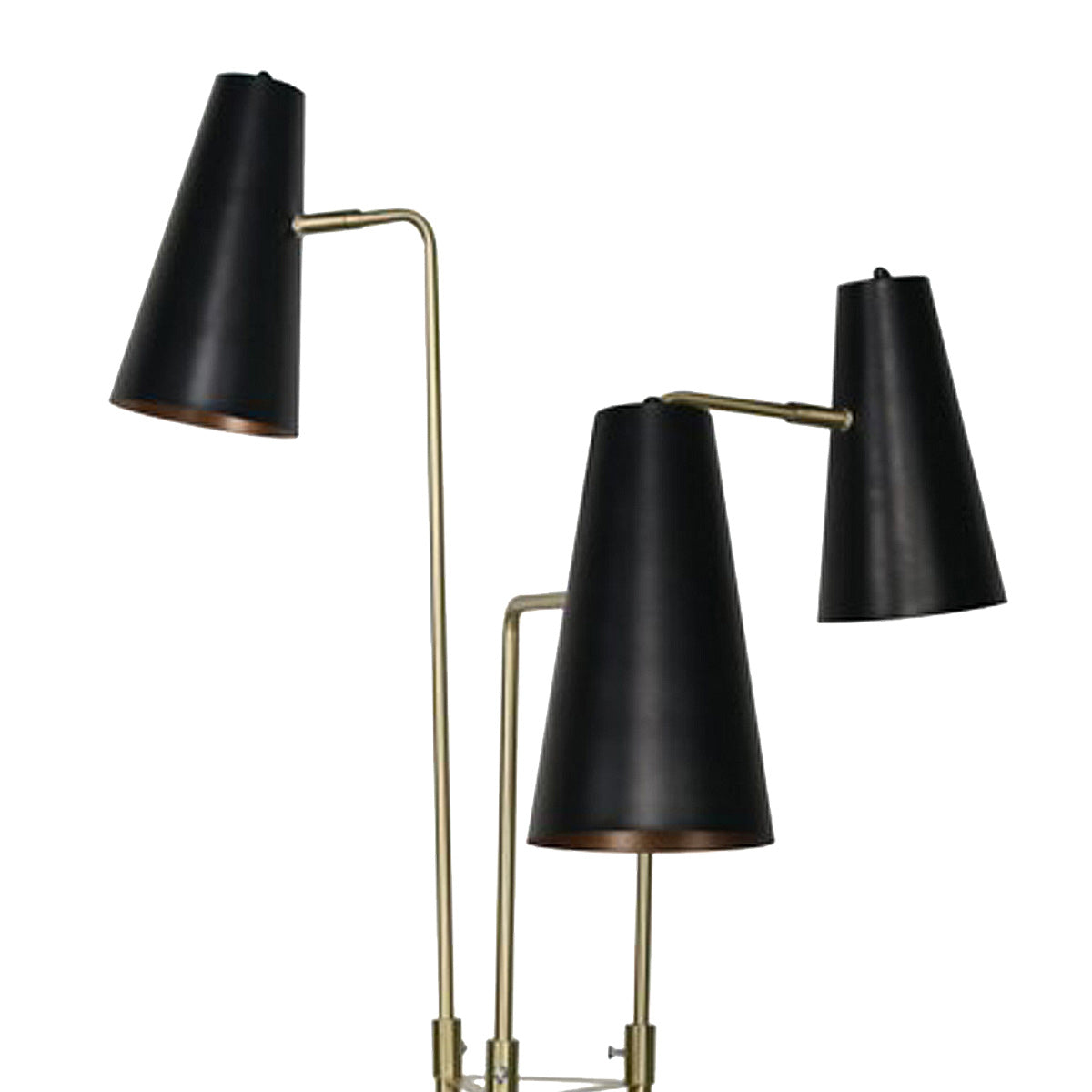 Close-up of three staggered black conical lamp shades with copper interiors on gold brass arms, white background
