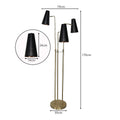 Three-arm floor lamp dimensions: 170cm height, 70cm width, 30cm base, shade 24cm tall and 14cm wide
