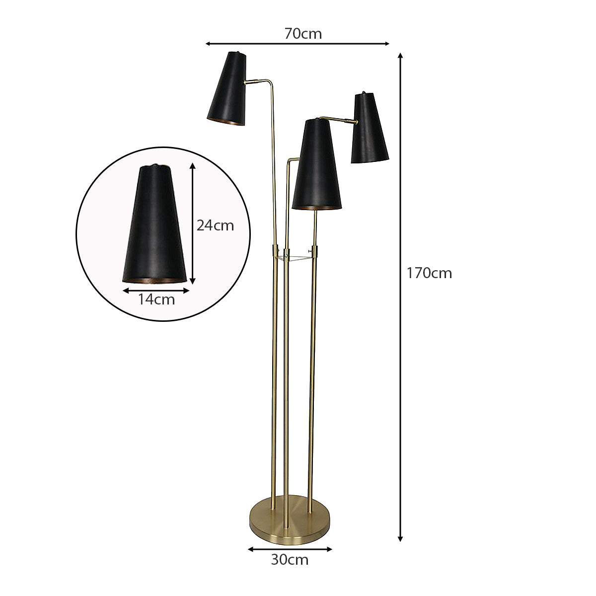 Three-arm floor lamp dimensions: 170cm height, 70cm width, 30cm base, shade 24cm tall and 14cm wide