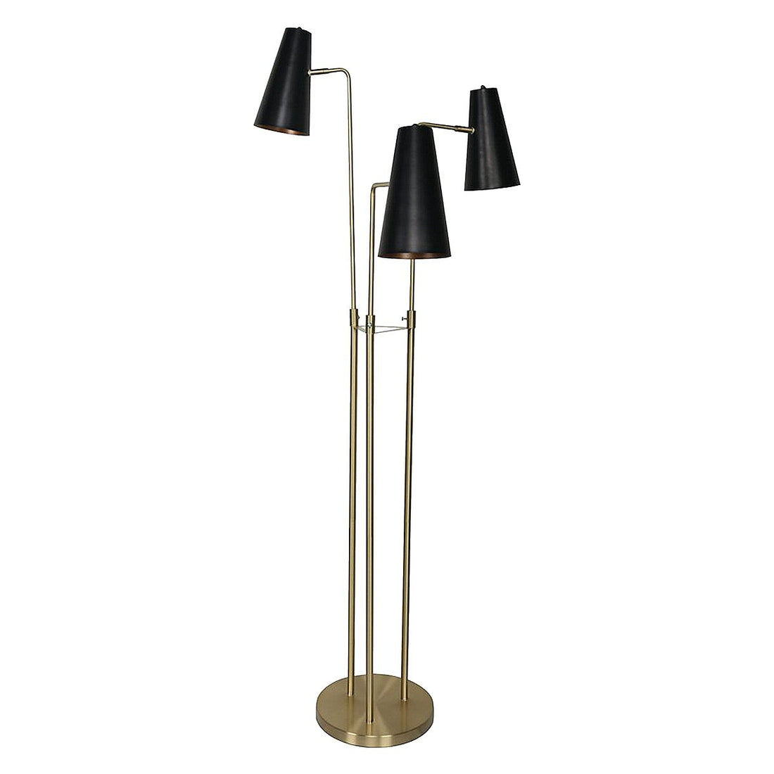 Three-arm floor lamp with gold brass round base and three staggered black tapered conical shades on white background