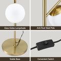 Four-panel detail: Glass Globe Lampshade, Anti-Rust Steel Pole, Stable Base and Convenient Switch close-ups in gold finish