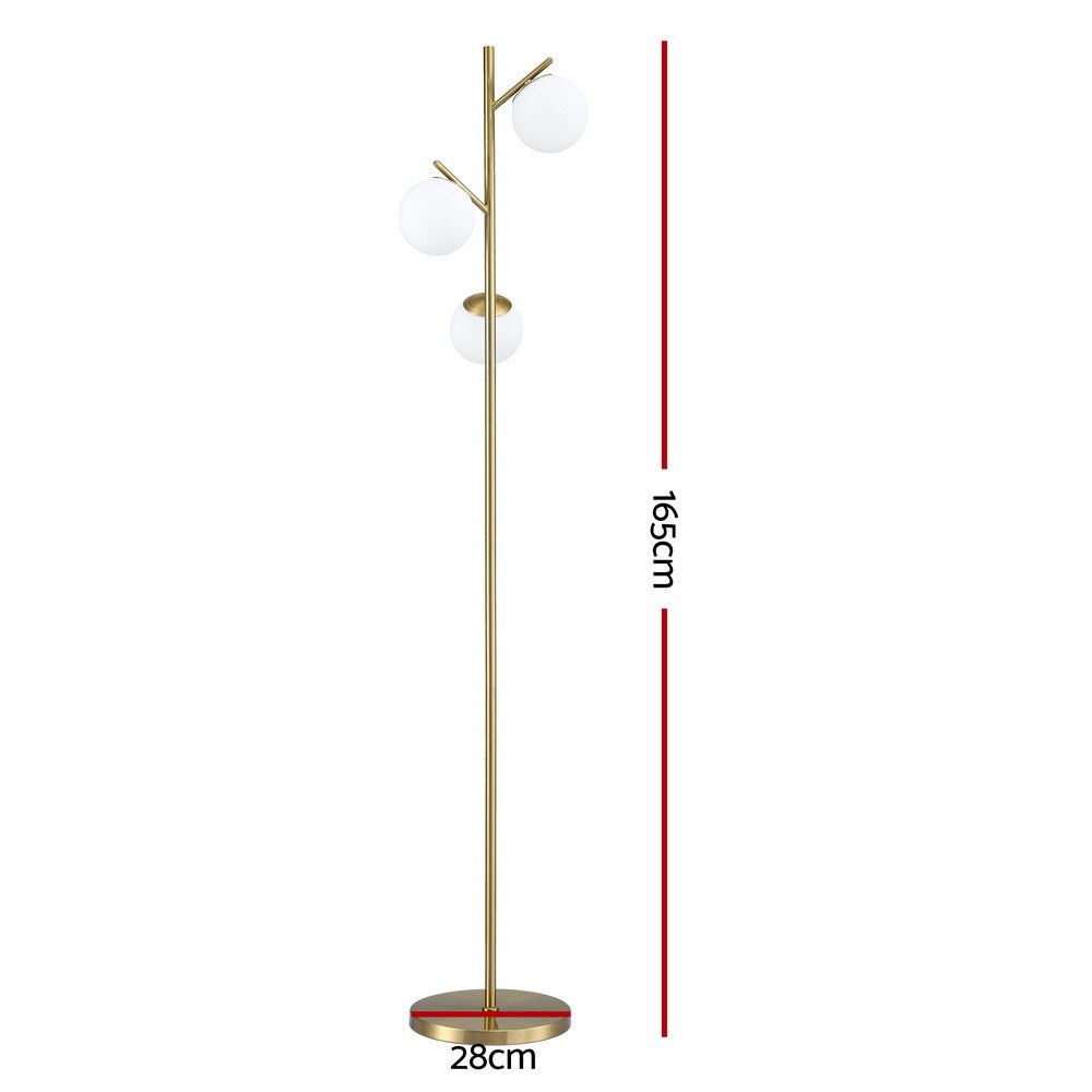 Dimensions diagram of gold 3-globe floor lamp: 165cm total height, 28cm base diameter on white background