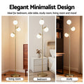 Three-panel image: gold 3-globe floor lamp in living room, bedroom and study with Elegant Minimalist Design header