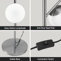 Four-panel detail: Glass Globe Lampshade, Anti-Rust Steel Pole, Stable Base and Convenient Switch close-ups