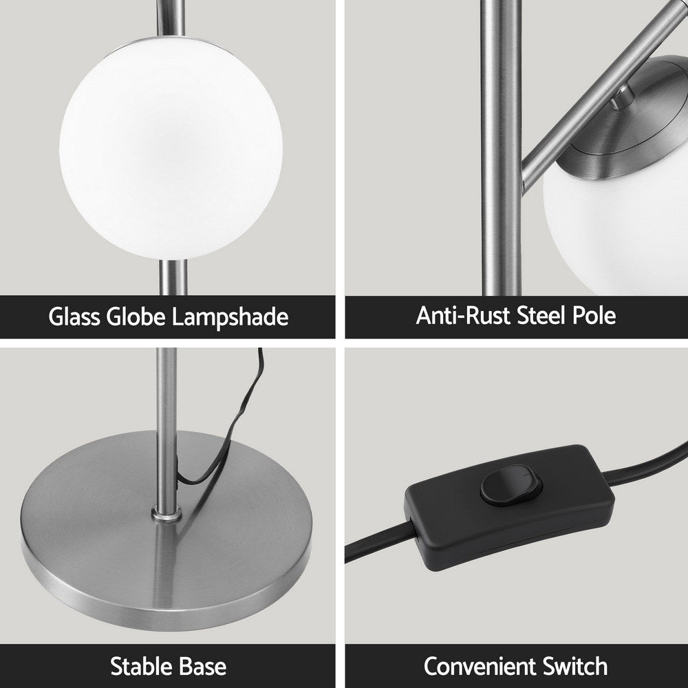 Four-panel detail: Glass Globe Lampshade, Anti-Rust Steel Pole, Stable Base and Convenient Switch close-ups