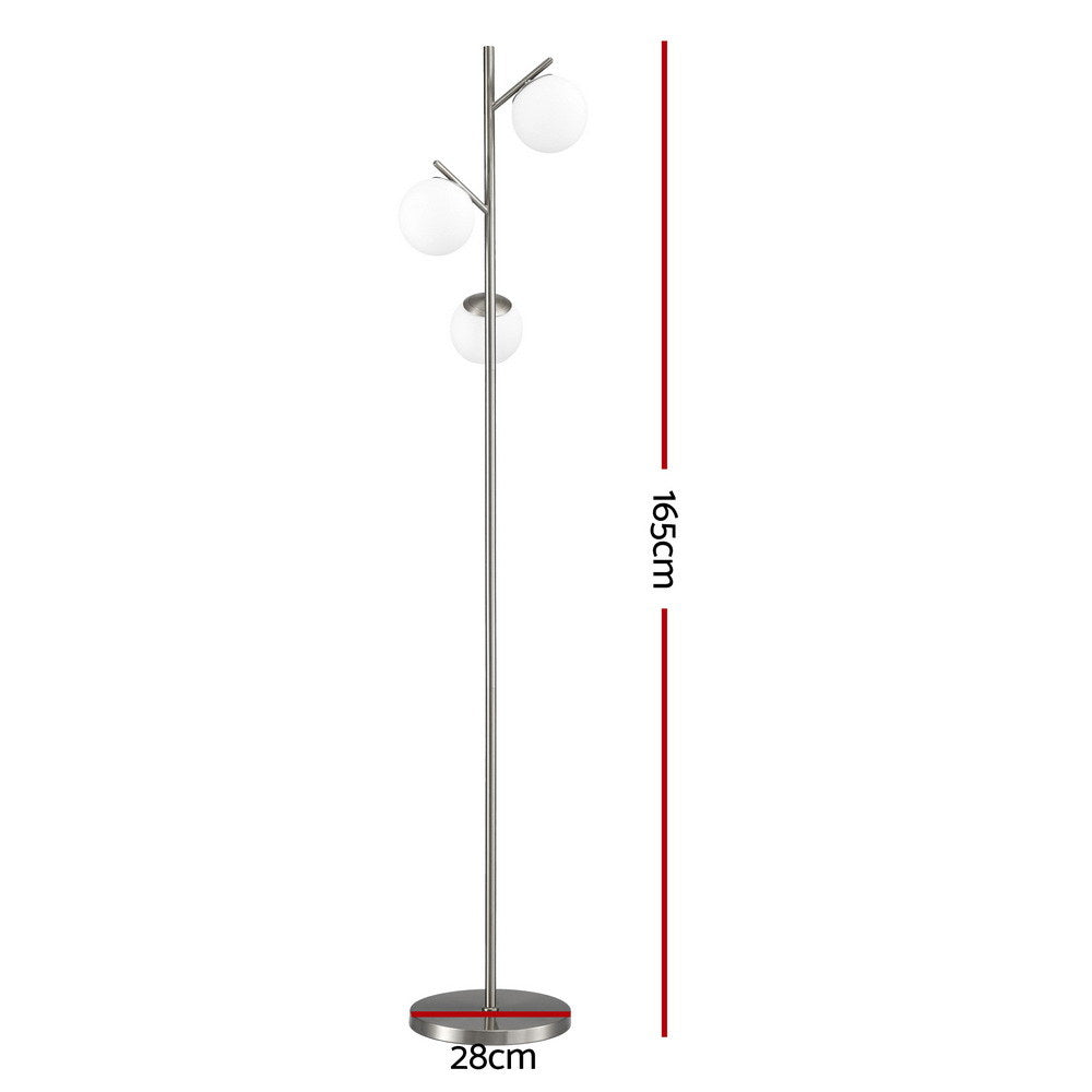 Dimensions diagram of 3-globe silver floor lamp: 165cm total height, 28cm base diameter on white background