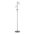 Silver 3-globe floor lamp with three frosted glass globe shades on brushed nickel arms and round base on white background