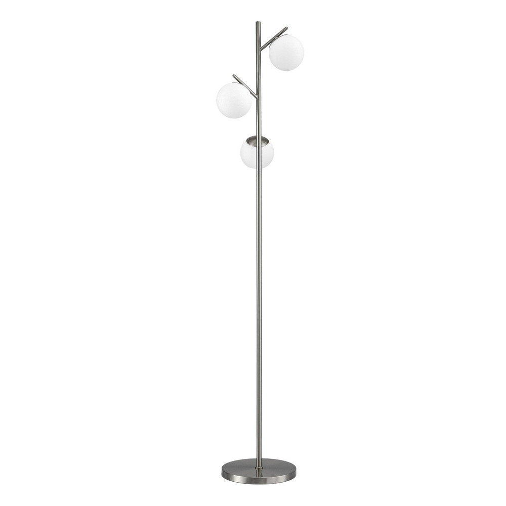 Silver 3-globe floor lamp with three frosted glass globe shades on brushed nickel arms and round base on white background