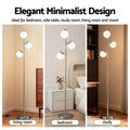 Three-panel image: 3-globe silver floor lamp in living room, bedroom and study with Elegant Minimalist Design header