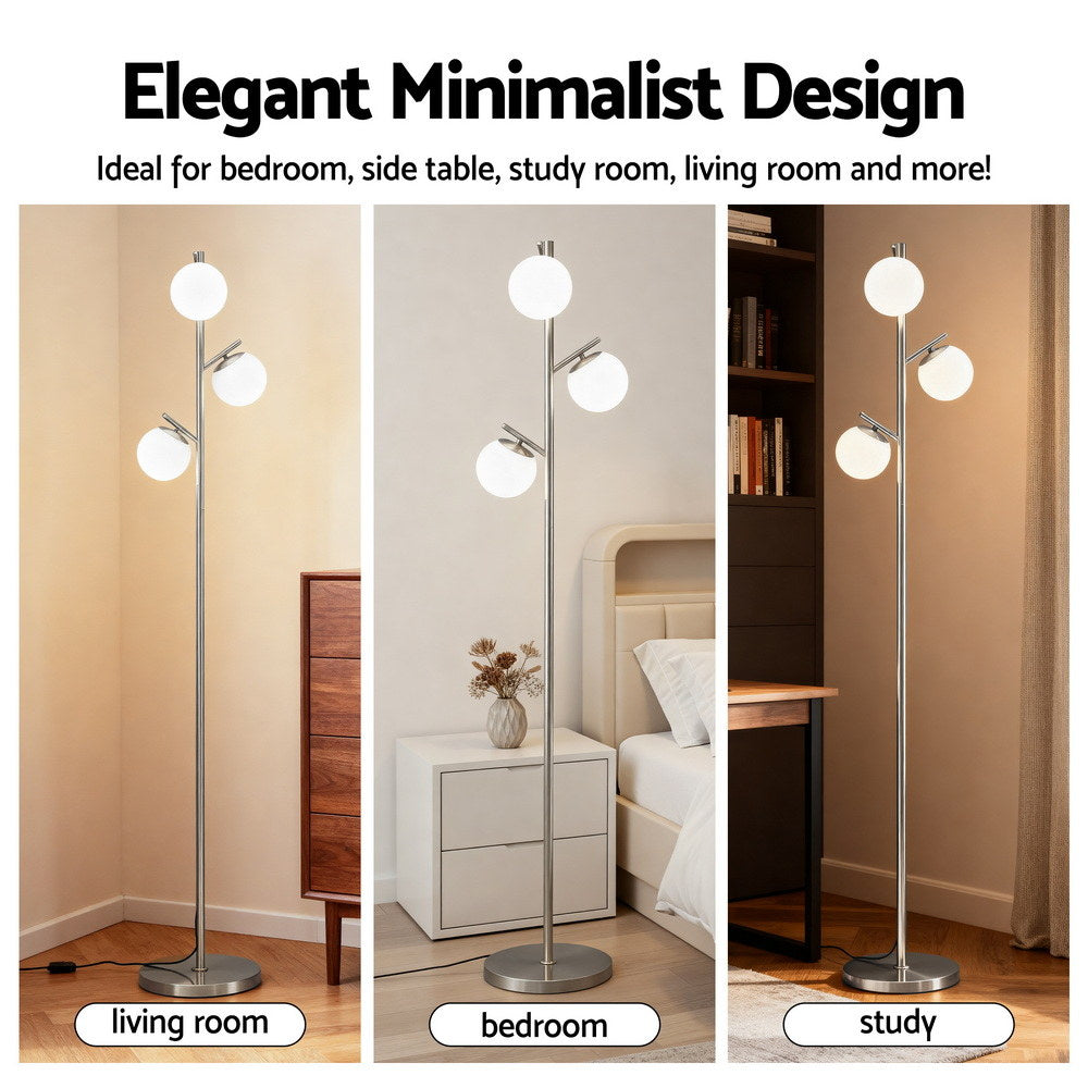 Three-panel image: 3-globe silver floor lamp in living room, bedroom and study with Elegant Minimalist Design header