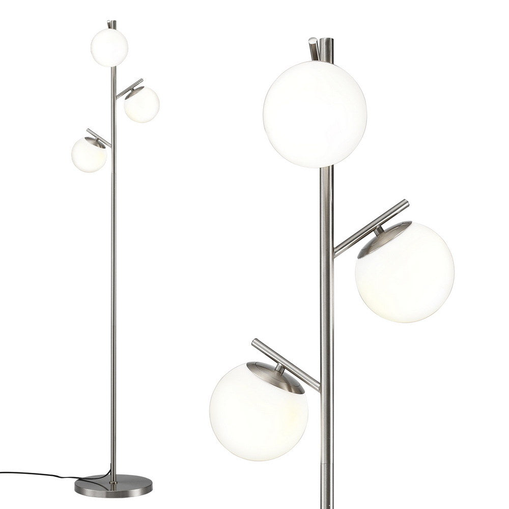 Silver 3-globe floor lamp with three white frosted glass shades on brushed nickel pole and round base, detail on right