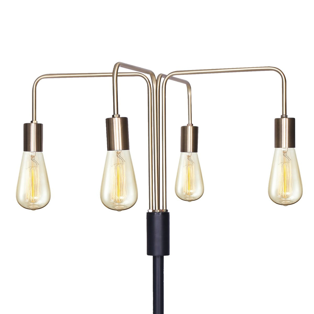 Industrial floor lamp with four curved gold arms and clear Edison filament bulbs, slim black pole and round base