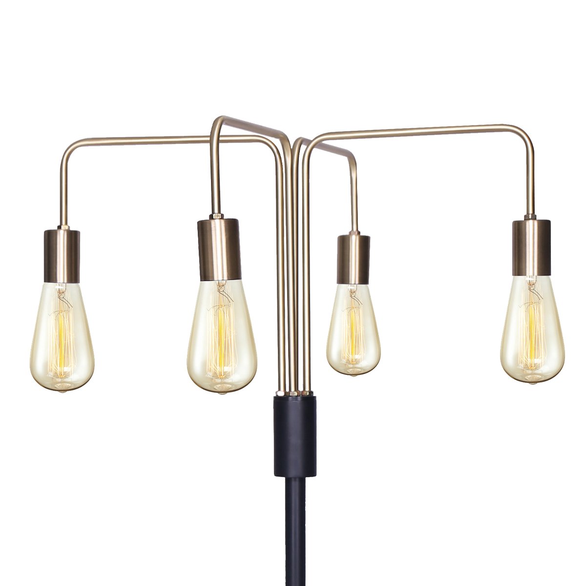 Close-up of four curved gold arms with amber Edison filament bulbs converging at a black central hub on black pole