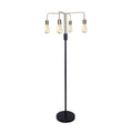 Industrial floor lamp with four curved gold arms and clear Edison filament bulbs, slim black pole and round base
