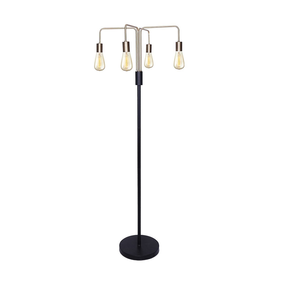 Industrial floor lamp with four curved gold arms and clear Edison filament bulbs, slim black pole and round base