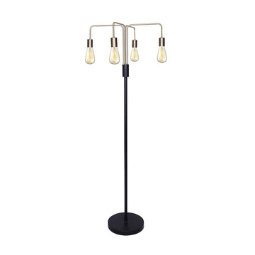 Industrial floor lamp with four curved gold arms and clear Edison filament bulbs, slim black pole and round base