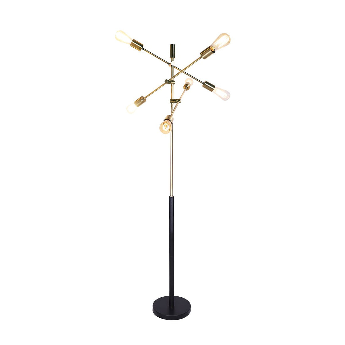 Industrial floor lamp with five adjustable gold brass arms and exposed Edison bulbs on black matte pole and round base