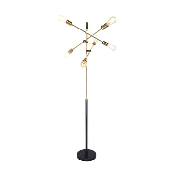 Industrial floor lamp with five adjustable gold brass arms and exposed Edison bulbs on black matte pole and round base