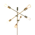 Close-up of gold brass five-arm sputnik lamp head with lit Edison filament bulbs on each arm at varied angles