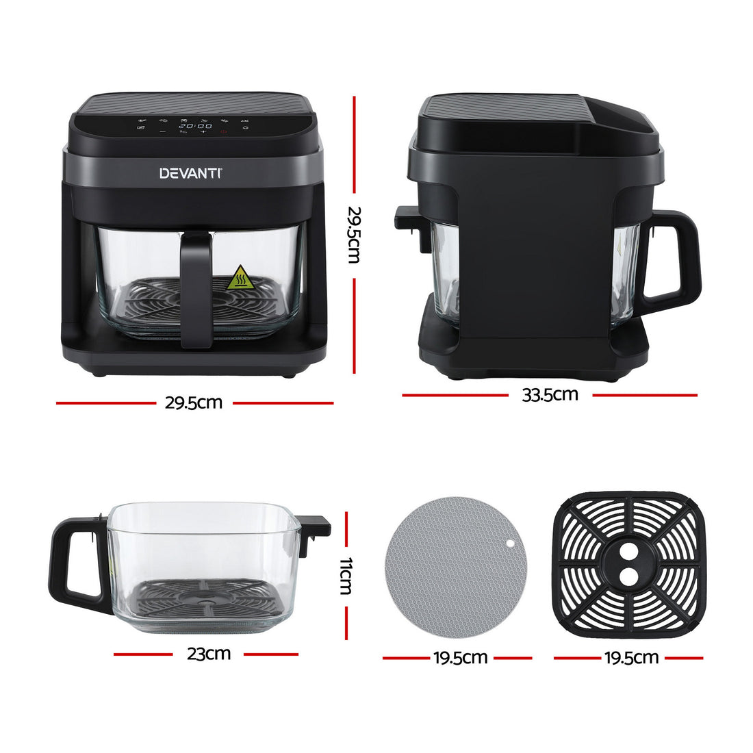 Devanti Air Fryer 5.5L Glass Basket Touch Control Black
