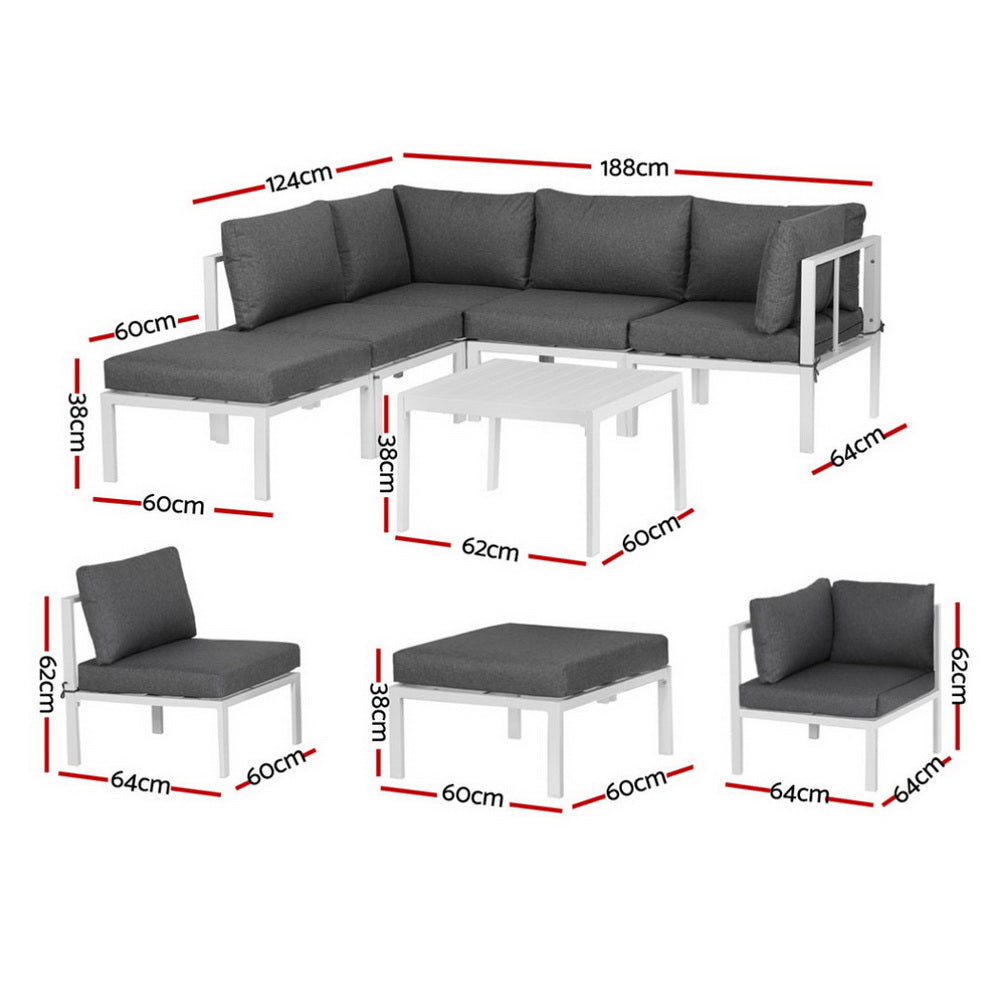 Gardeon Outdoor Aluminium Sofa Set 6-Piece White Frame Grey Cushions