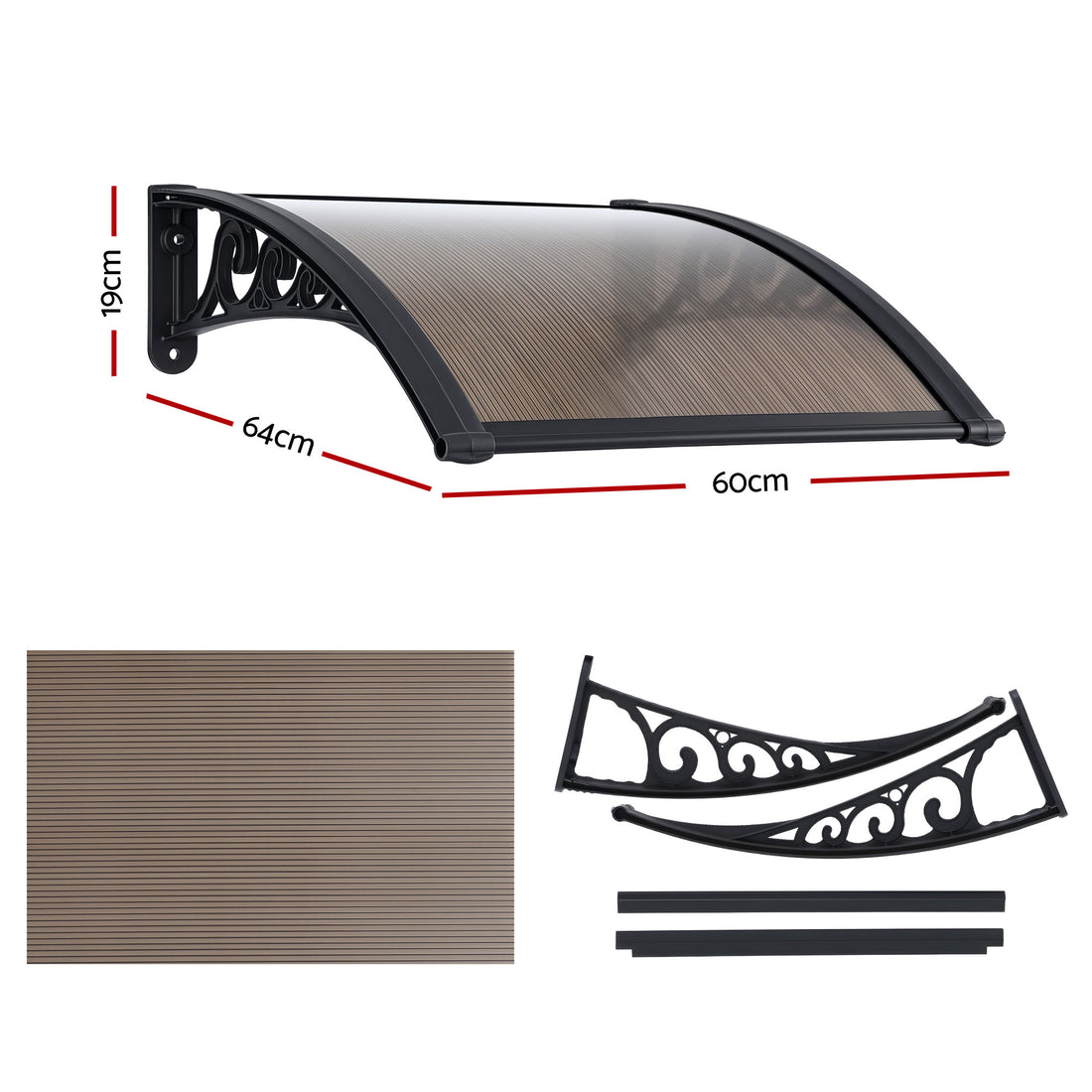 Instahut Window Door Awning PC Panel 0.6x0.6m Brown Aluminium