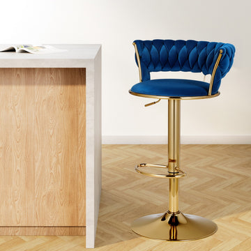 Artiss Vivien Velvet Bar Stool Navy with Hand-Woven Backrest