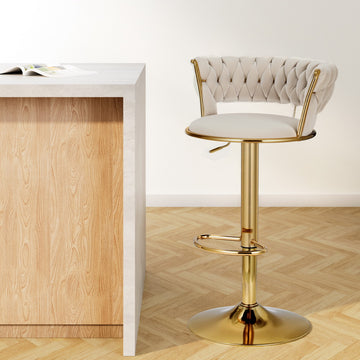 Artiss Vivien Velvet Bar Stool Ivory with Hand-Woven Backrest